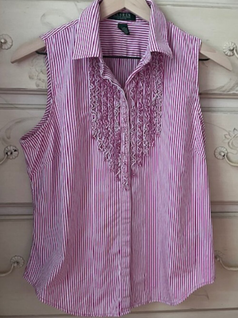 Ralph Lauren Ruffle Front Pink/White Striped Sleeveless Button Down Shirt Sz 12P